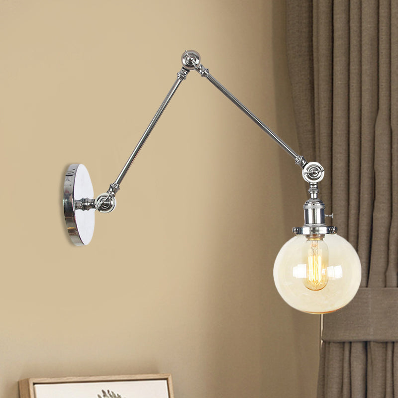 1 luce trasparente/ambra a parete vetro a parete luce vintage cromata/rame/bronzo sfera di scarpa da salotto con braccio regolabile, 8 "+8"/8 "+8" +8 "L
