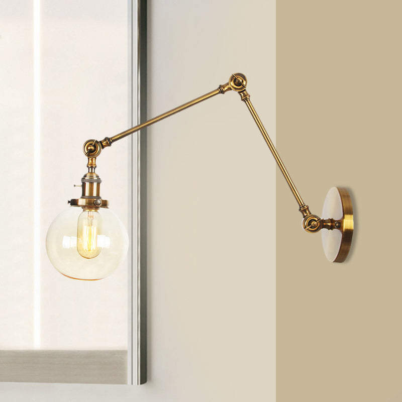 1 luce trasparente/ambra a parete vetro a parete luce vintage cromata/rame/bronzo sfera di scarpa da salotto con braccio regolabile, 8 "+8"/8 "+8" +8 "L