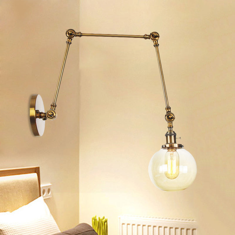 1 luce trasparente/ambra a parete vetro a parete luce vintage cromata/rame/bronzo sfera di scarpa da salotto con braccio regolabile, 8 "+8"/8 "+8" +8 "L