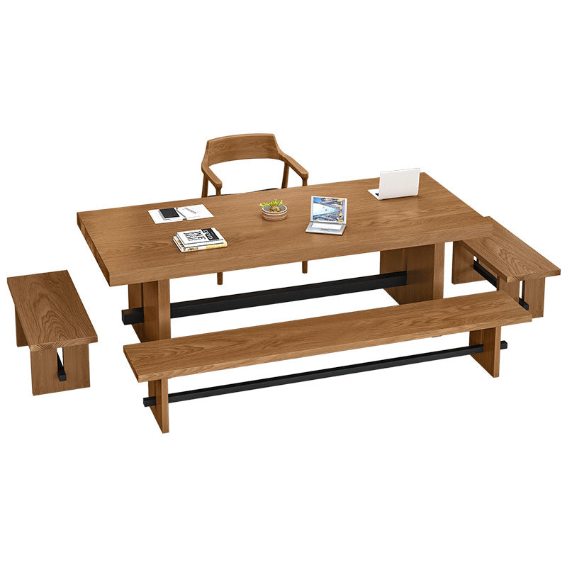 Rectangle Double Pedestal Dining Table Industrial Natural Wood and Metal Table