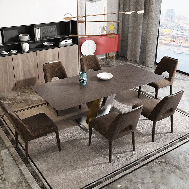 Luxury Sintered Stone Top Table Rectangle Table with Pedestal in Gold and Silver