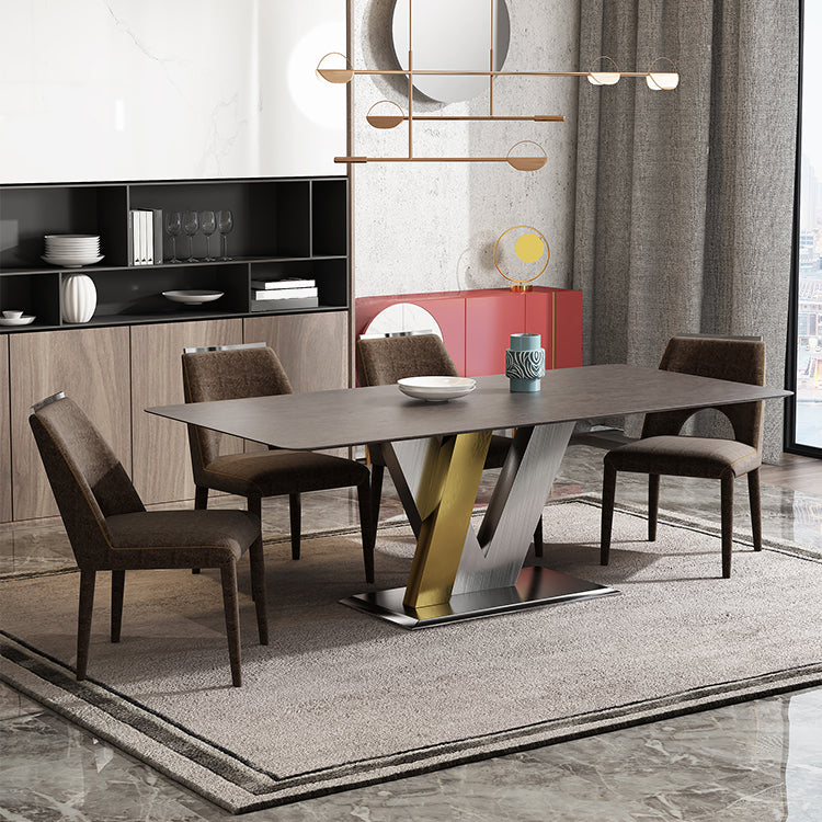 Luxury Sintered Stone Top Table Rectangle Table with Pedestal in Gold and Silver