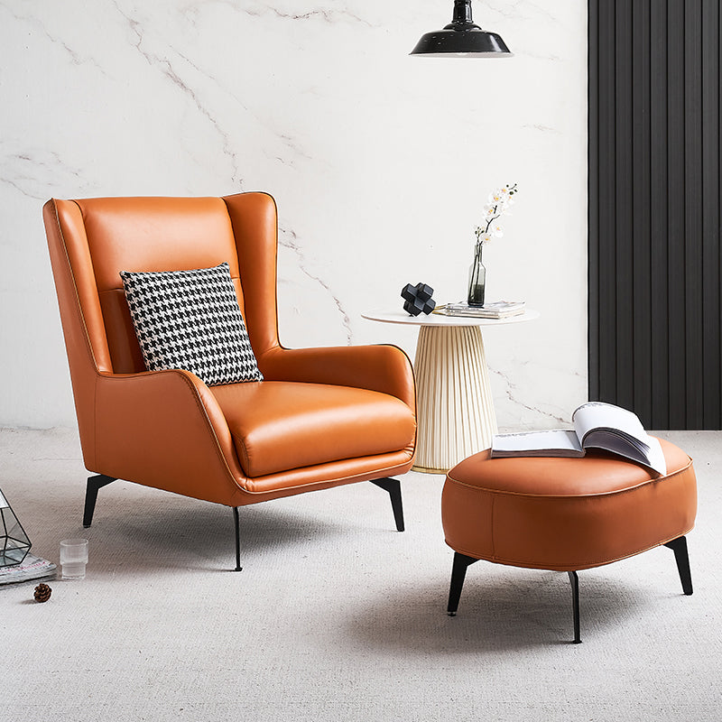 Genuine Leather Accent Chair 4 Legs Solid Color Room Chair for Living Room