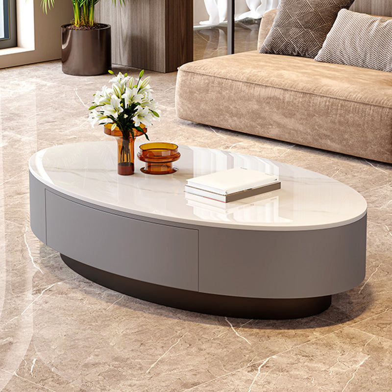 Oval Stone Coffee Table 1 Single Cocktail Table with 1 Storage Drawer