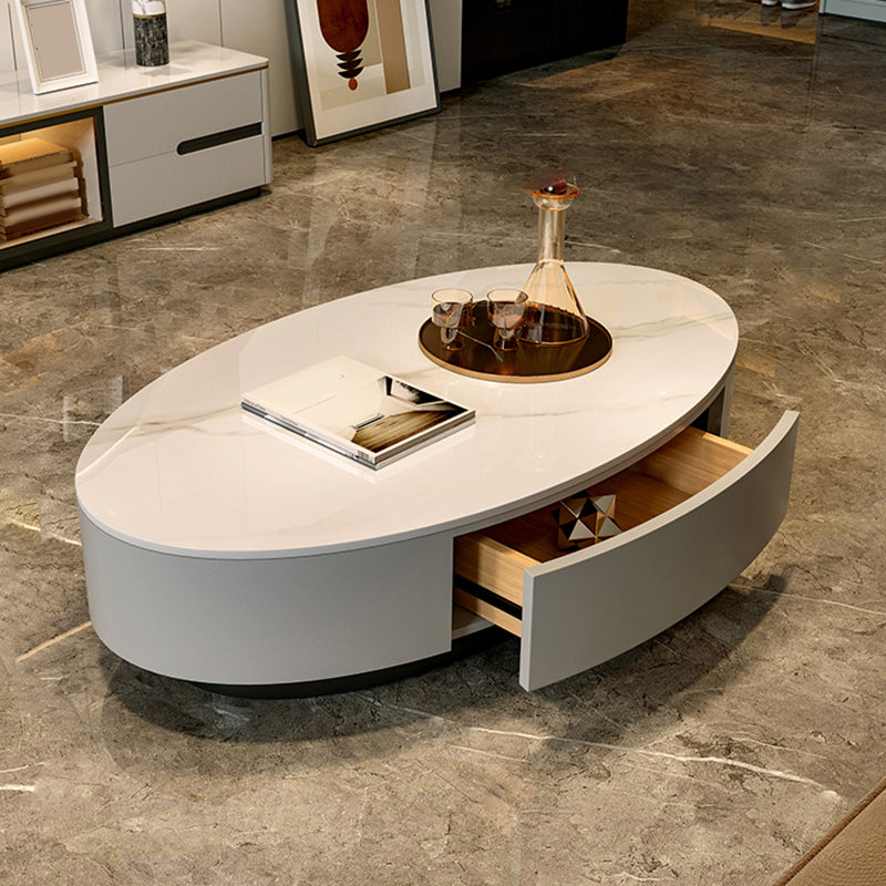 Oval Stone Coffee Table 1 Single Cocktail Table with 1 Storage Drawer