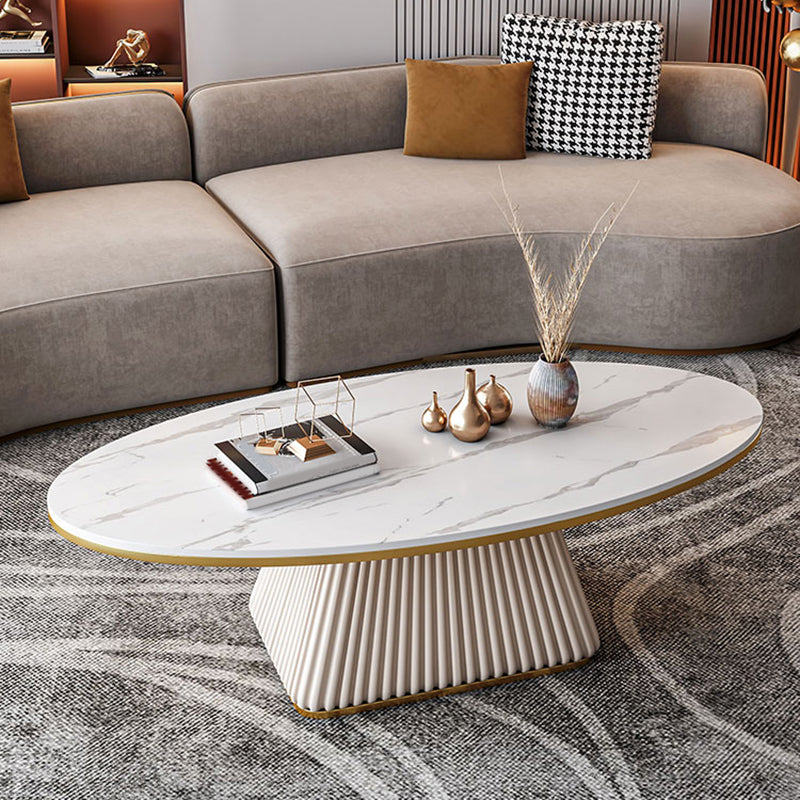 Glam Metal and Slate Cocktail Table Pedestal Coffee Table for Living Room