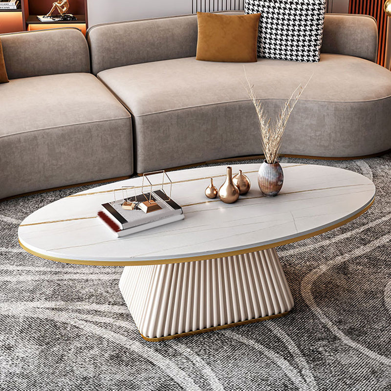 Glam Metal and Slate Cocktail Table Pedestal Coffee Table for Living Room