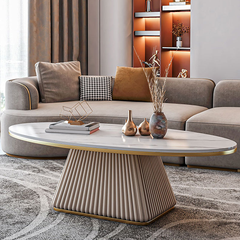 Glam Metal and Slate Cocktail Table Pedestal Coffee Table for Living Room