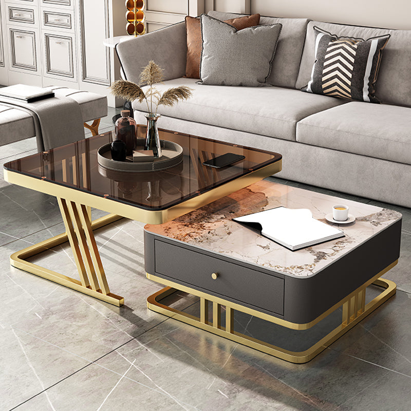 Glam Frame Coffee Table Glass/Slate Square Cocktail Table with Drawer
