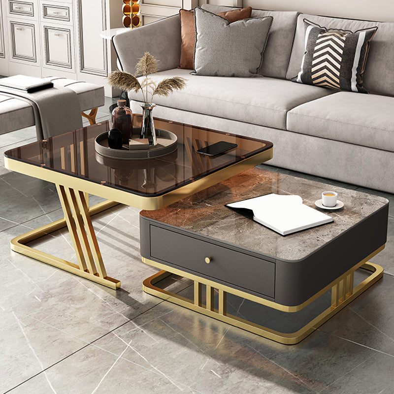 Glam Frame Coffee Table Glass/Slate Square Cocktail Table with Drawer