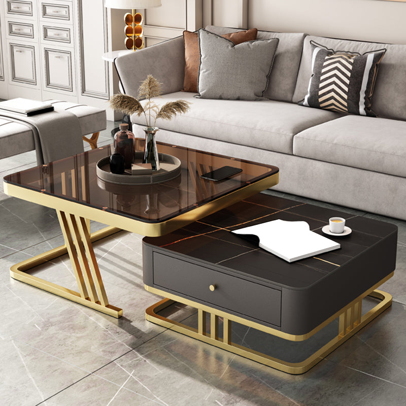 Glam Frame Coffee Table Glass/Slate Square Cocktail Table with Drawer
