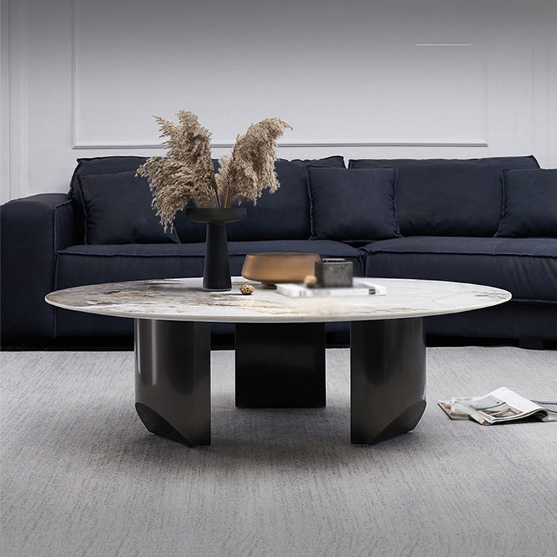 Modern Style Round Coffee Table with Iron Craft Black Base and Rock Slab White Top