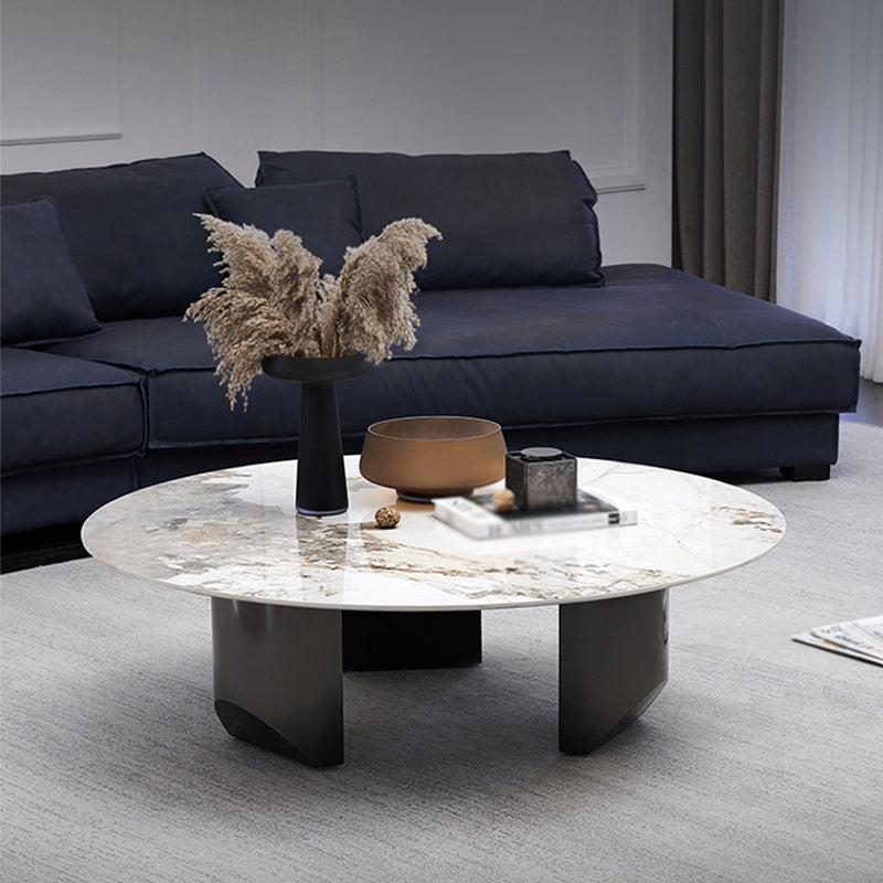 Modern Style Round Coffee Table with Iron Craft Black Base and Rock Slab White Top
