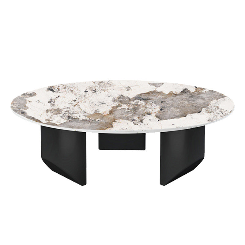 Modern Style Round Coffee Table with Iron Craft Black Base and Rock Slab White Top