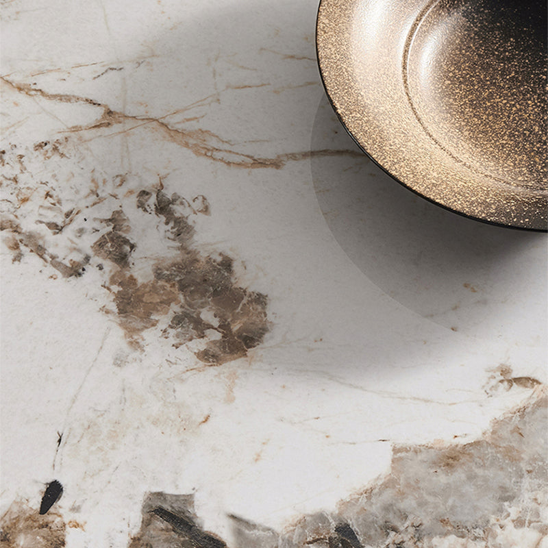 Modern Style Round Coffee Table with Iron Craft Black Base and Rock Slab White Top