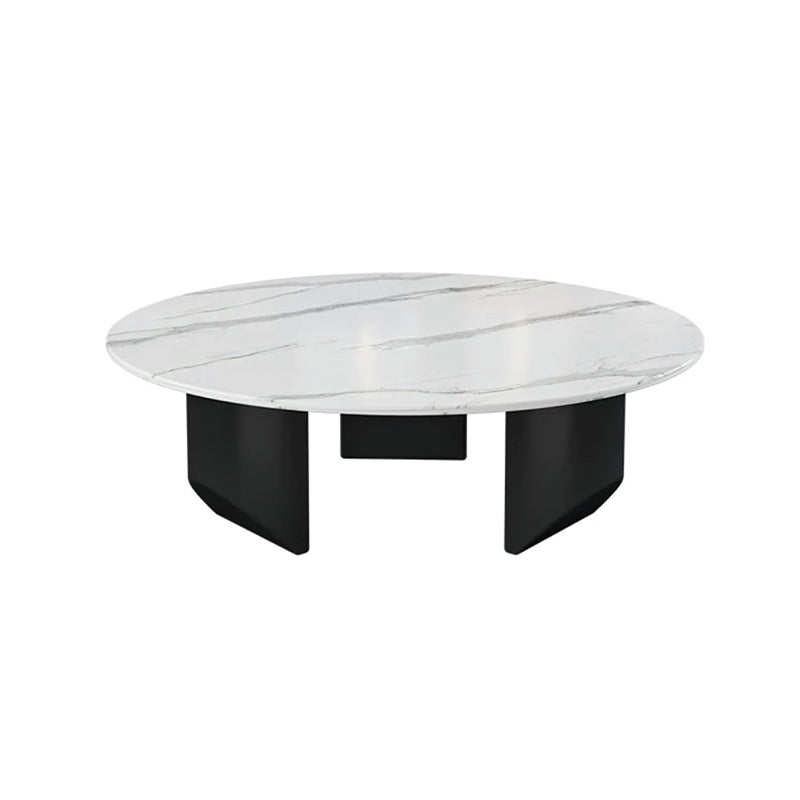 Modern Style Round Coffee Table with Iron Craft Black Base and Rock Slab White Top