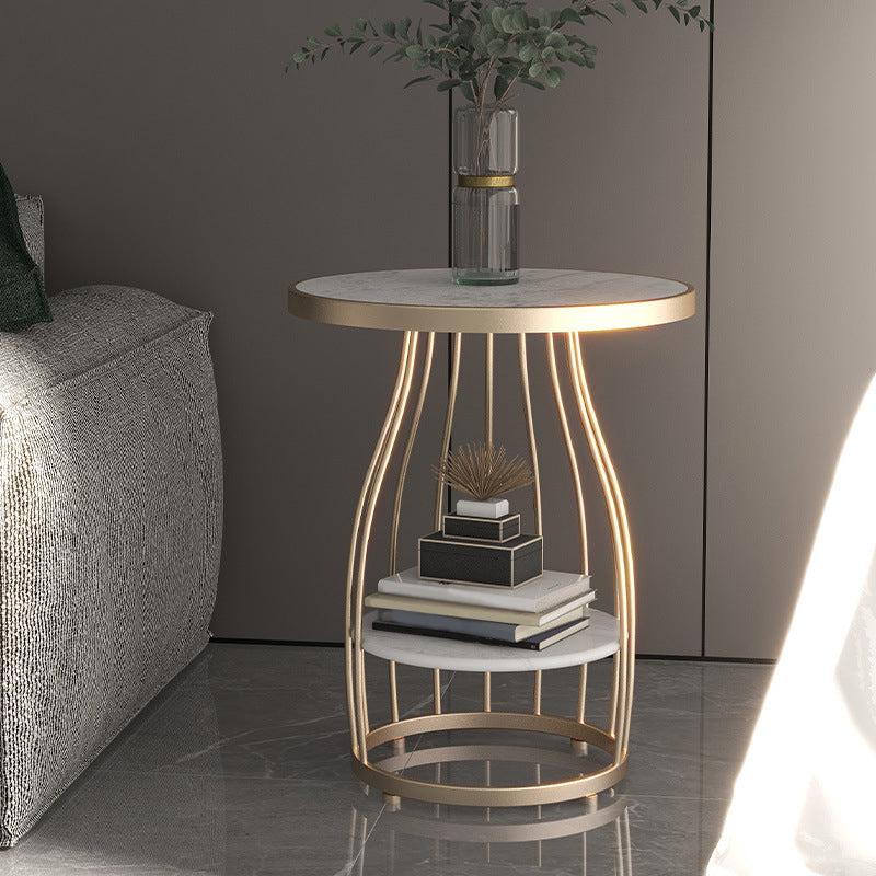 Marble Top End Table Metal Frame Sofa Side End Table with Shelf for Living Room