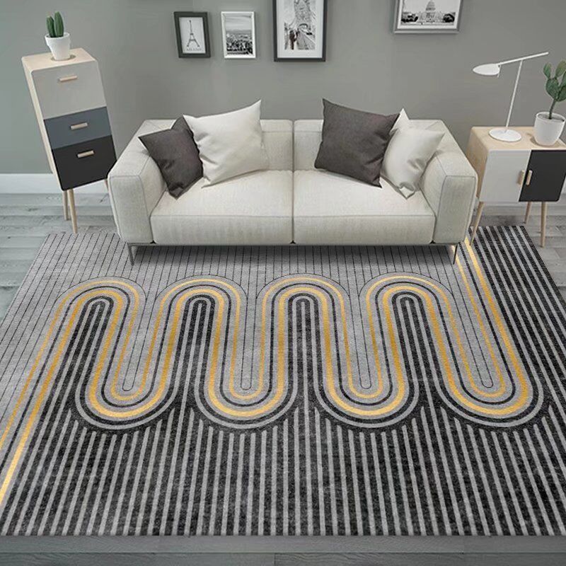 Dark Gray Modern Rug Polyester Pinstripe Rug Stain Resistant Rug for Living Room