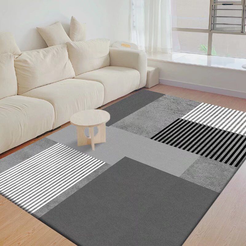 Dark Gray Modern Rug Polyester Pinstripe Rug Stain Resistant Rug for Living Room