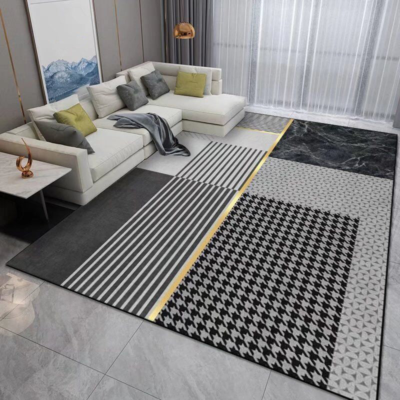 Dark Gray Modern Rug Polyester Pinstripe Rug Stain Resistant Rug for Living Room