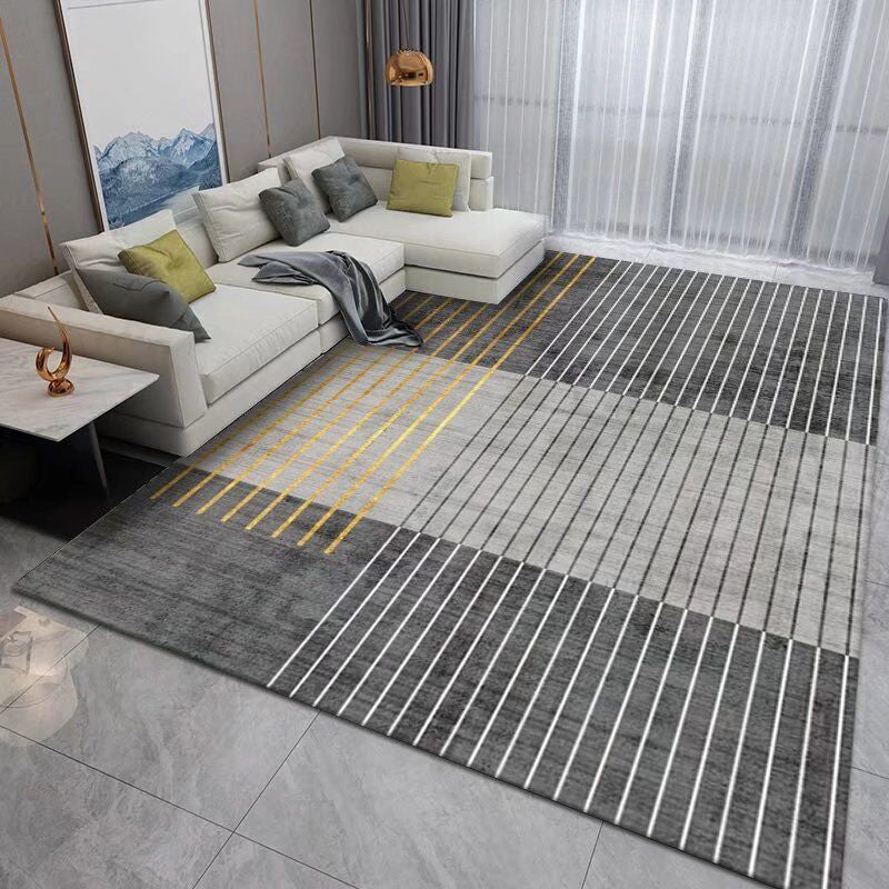 Dark Gray Modern Rug Polyester Pinstripe Rug Stain Resistant Rug for Living Room