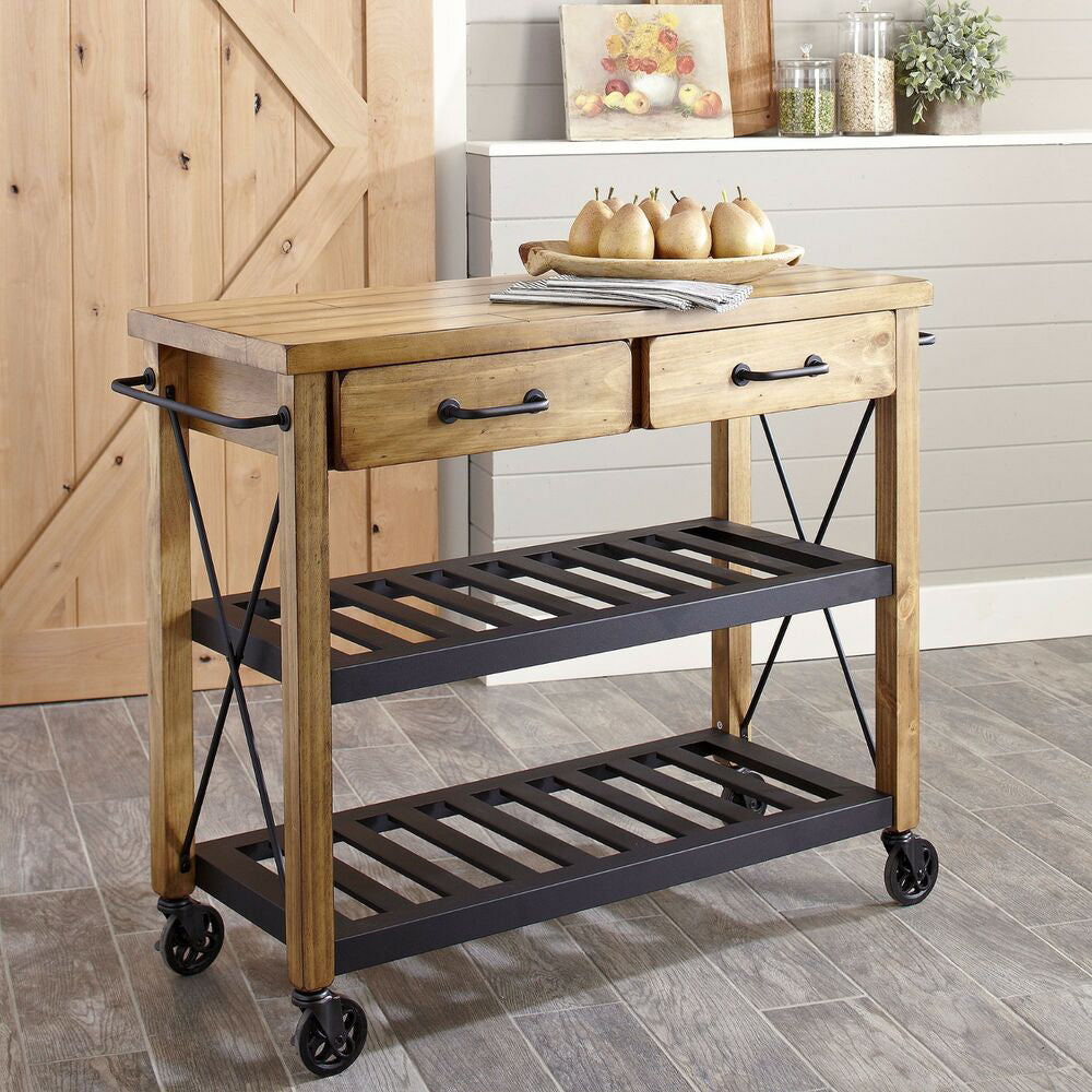 Modern Rolling Kitchen Cart Wood Rectangular Kitchen Trolley for Home Use