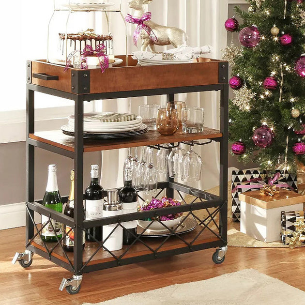 Modern Rolling Prep Table Wood Rectangular Prep Table for Home Use