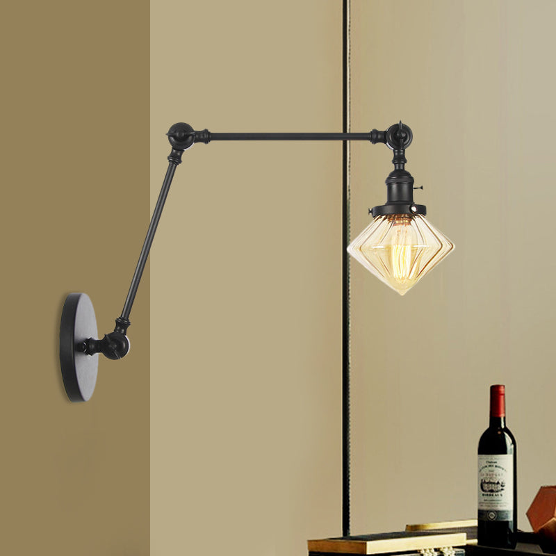 1 Salle de salle à manger légère Light Light Vintage Black / Bronze / Brass Mur Murd Murd With Diamond Plein / Amber Glass Shade, 8 "+8" / 8 "+8" +8 "L bras réglable