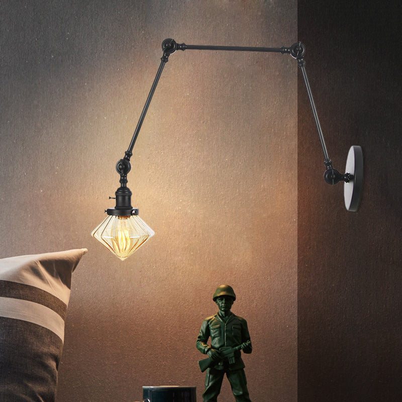1 Salle de salle à manger légère Light Light Vintage Black / Bronze / Brass Mur Murd Murd With Diamond Plein / Amber Glass Shade, 8 "+8" / 8 "+8" +8 "L bras réglable