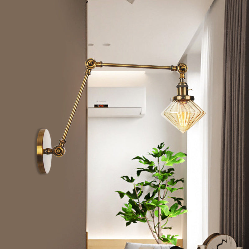 1 Salle de salle à manger légère Light Light Vintage Black / Bronze / Brass Mur Murd Murd With Diamond Plein / Amber Glass Shade, 8 "+8" / 8 "+8" +8 "L bras réglable