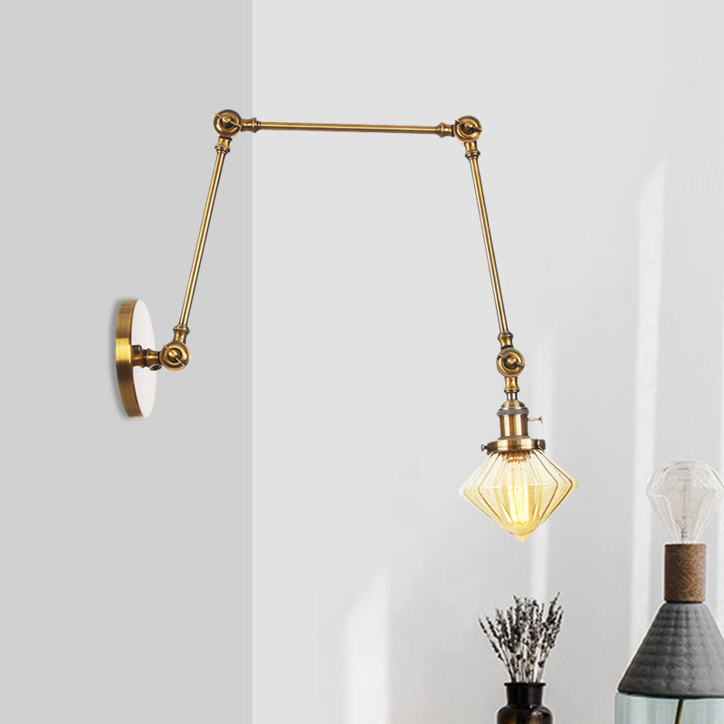 1 Salle de salle à manger légère Light Light Vintage Black / Bronze / Brass Mur Murd Murd With Diamond Plein / Amber Glass Shade, 8 "+8" / 8 "+8" +8 "L bras réglable