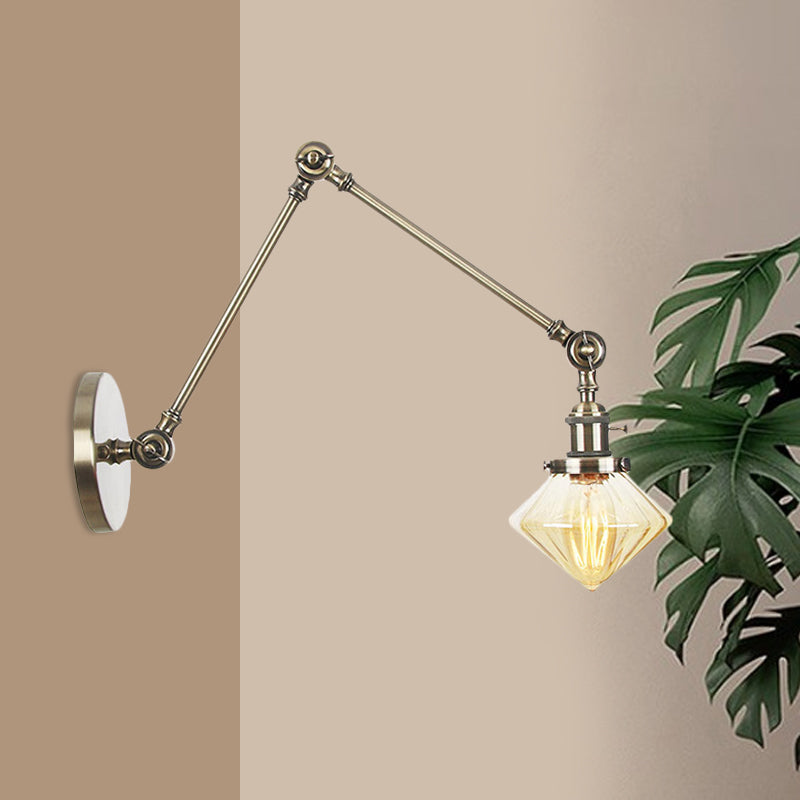 1 Salle de salle à manger légère Light Light Vintage Black / Bronze / Brass Mur Murd Murd With Diamond Plein / Amber Glass Shade, 8 "+8" / 8 "+8" +8 "L bras réglable