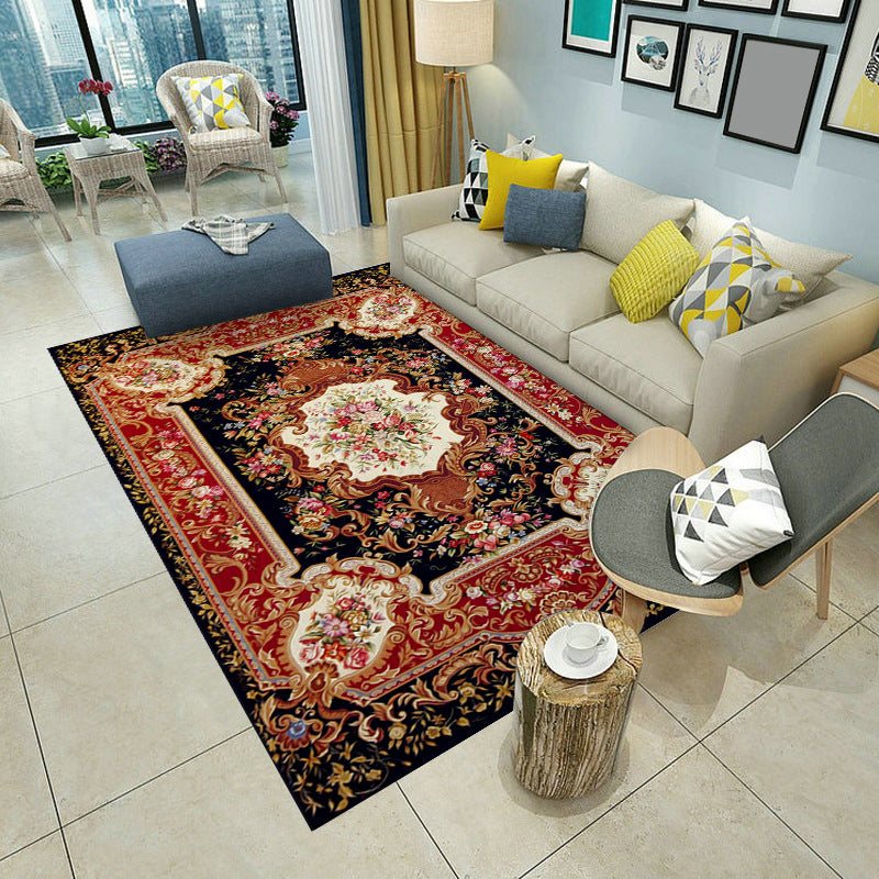 Wine Red Graphic Rug Polyester Modern Rug Washable Rug for Living Room