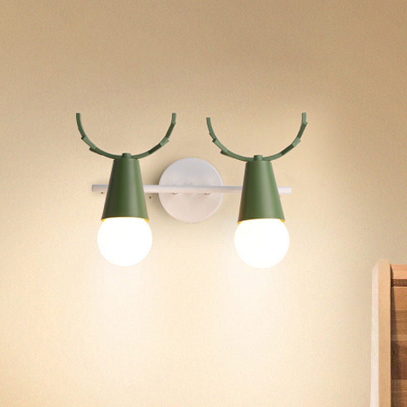 2 Heads Cone Wall Light with Antlers Contemporary Metal Wall Sconce for Study Room