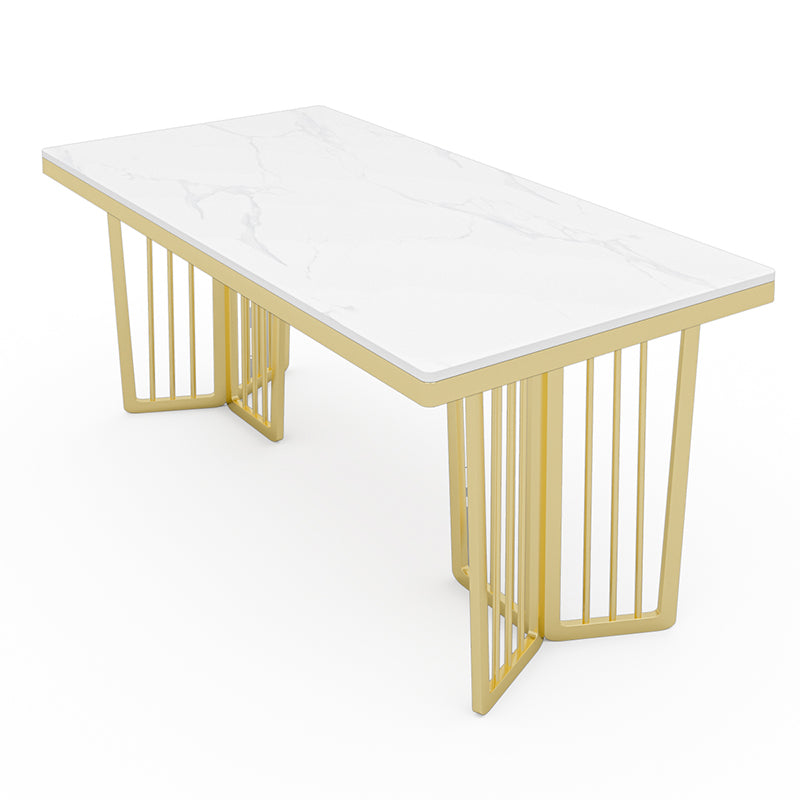 Glam Style Rectangle Stone Table for Restaurant Gold Pedestal Table