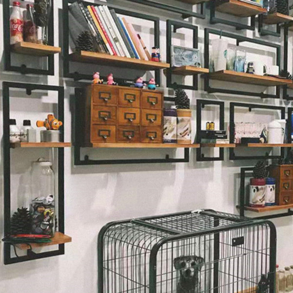 Wall Mounted Shelf Bookcase Industrial Metal and Wooden Bookshelf
