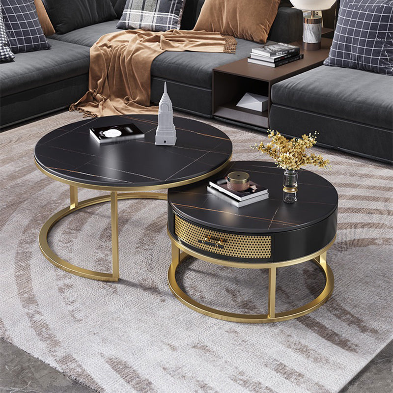 Frame Base Design Marble Metal Iron Black Base Round Coffee Table