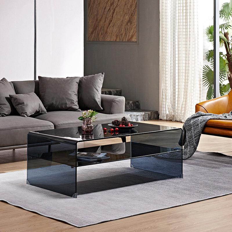 15.7"H Modern Sled Base White/black Glass Square Coffee Table with Shelf