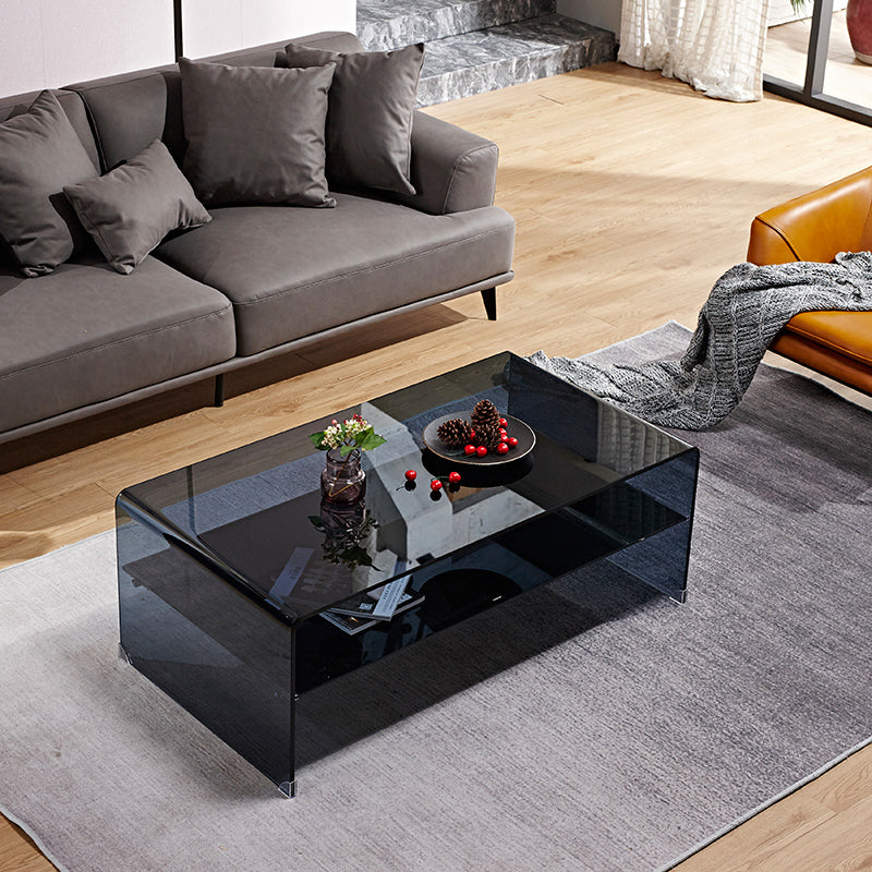 15.7"H Modern Sled Base White/black Glass Square Coffee Table with Shelf