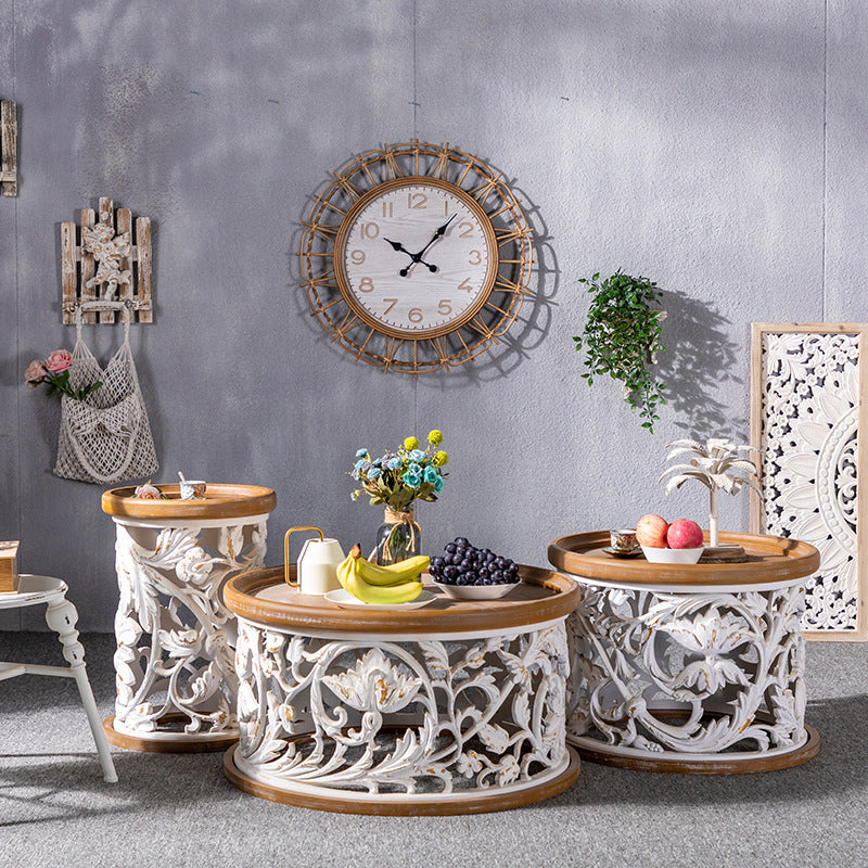 Iron Drum End Table Round Wood Tray Top Side End Table - Distressed Surface Treatment