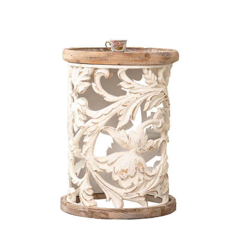 Iron Drum End Table Round Wood Tray Top Side End Table - Distressed Surface Treatment