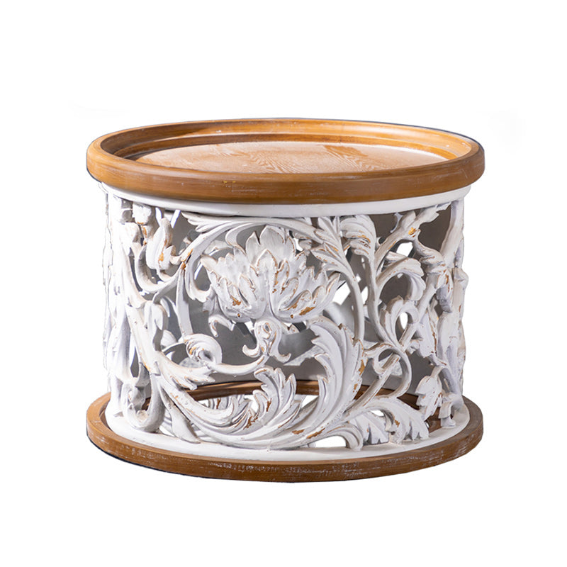 Iron Drum End Table Round Wood Tray Top Side End Table - Distressed Surface Treatment