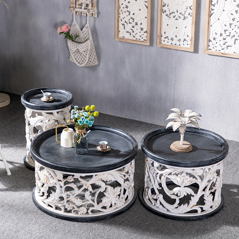Iron Drum End Table Round Wood Tray Top Side End Table - Distressed Surface Treatment