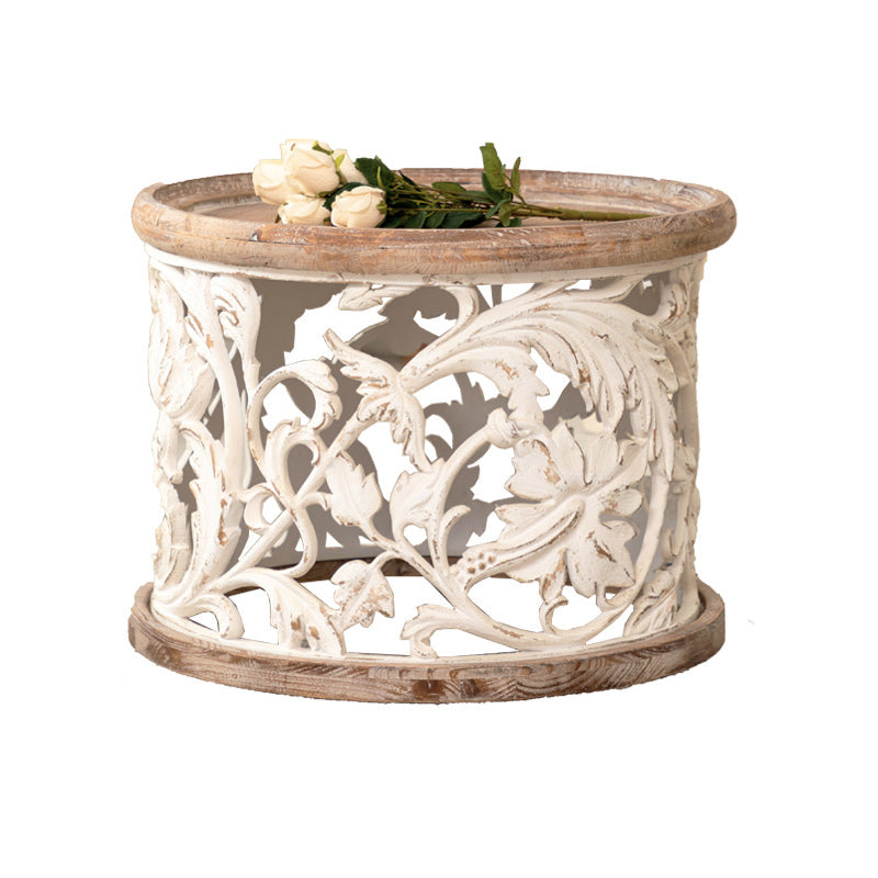 Iron Drum End Table Round Wood Tray Top Side End Table - Distressed Surface Treatment