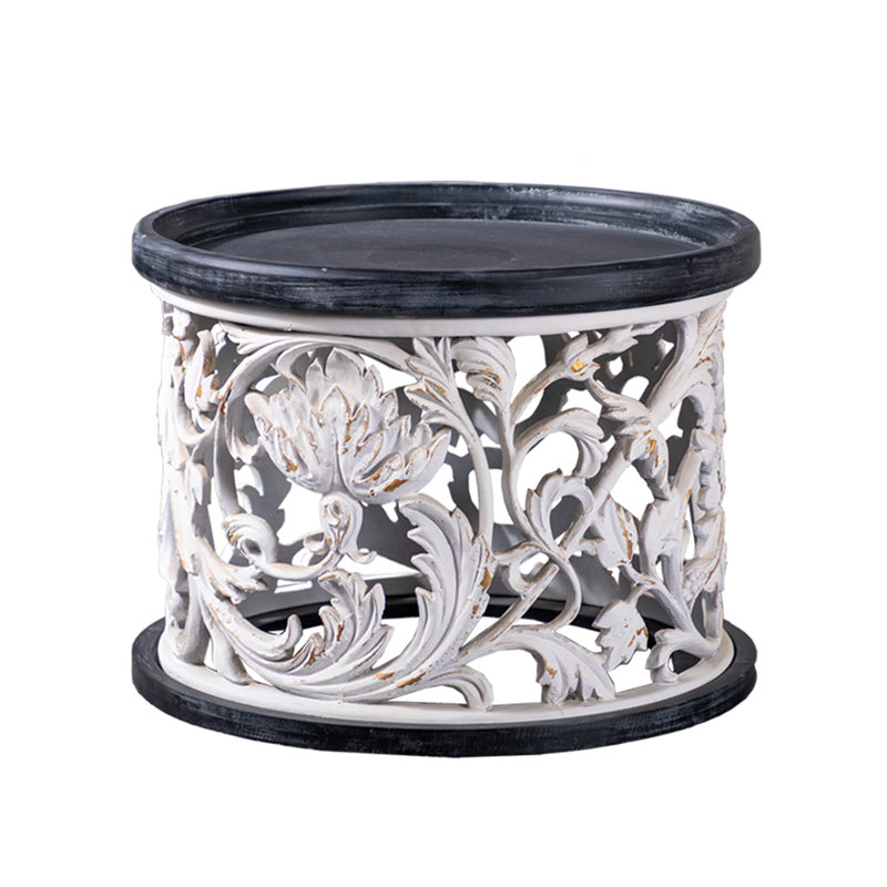 Iron Drum End Table Round Wood Tray Top Side End Table - Distressed Surface Treatment