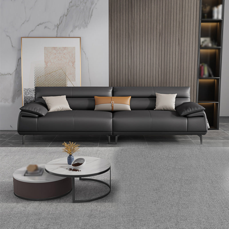 Stationary Stain Resistant Genuine Leather Pillow Top Arm Dark Grey Sofa