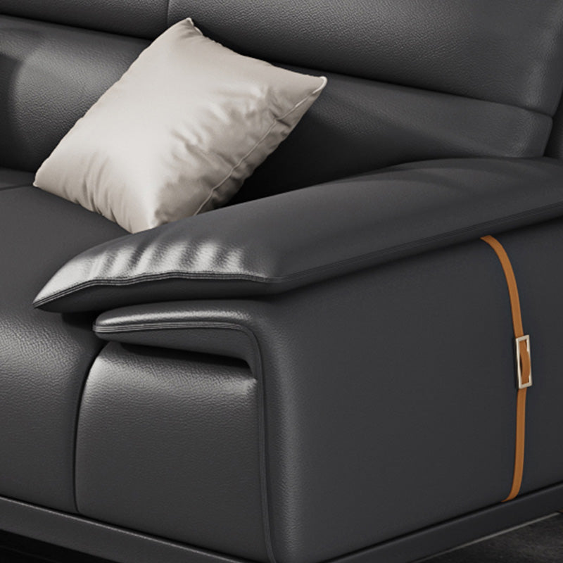 Stationary Stain Resistant Genuine Leather Pillow Top Arm Dark Grey Sofa