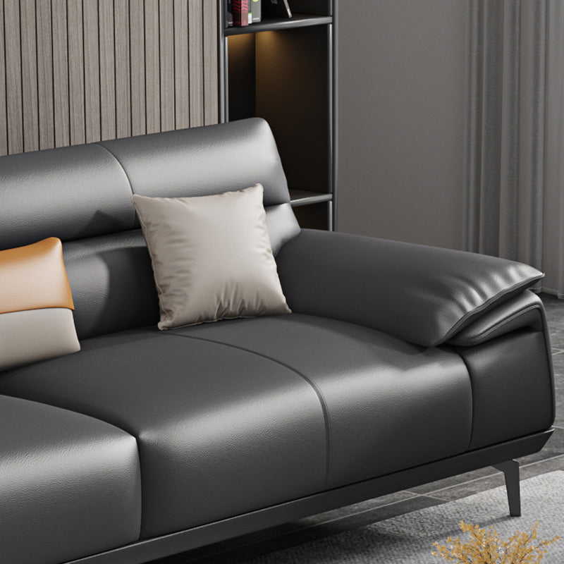 Stationary Stain Resistant Genuine Leather Pillow Top Arm Dark Grey Sofa