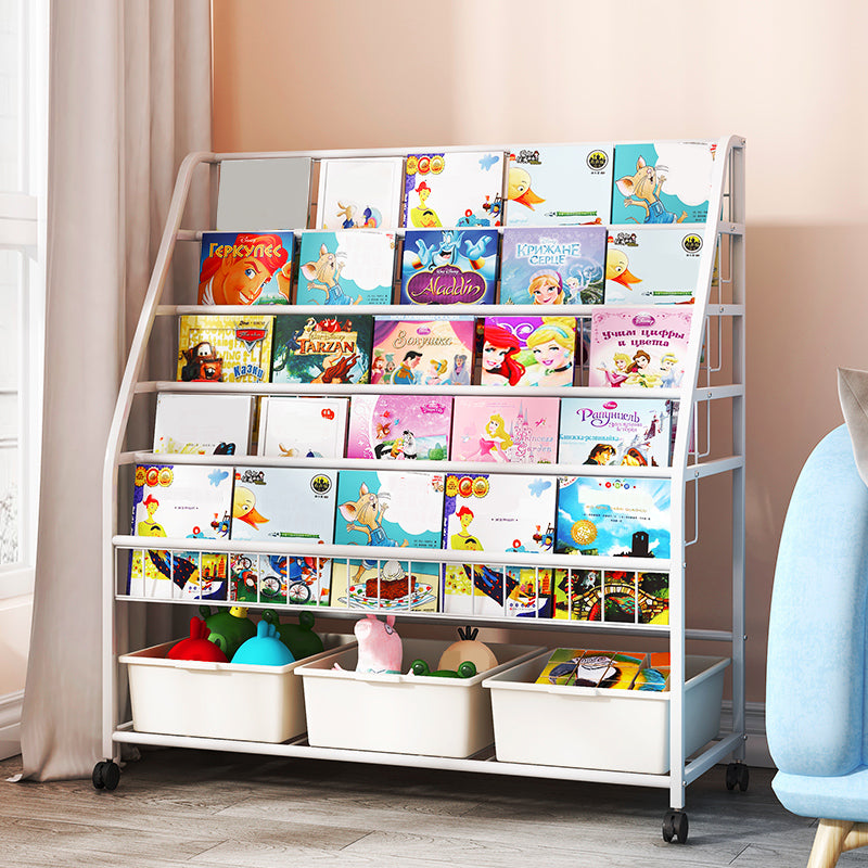 White Bookshelf Contemporary Style Bookcase for Study Room with Casters