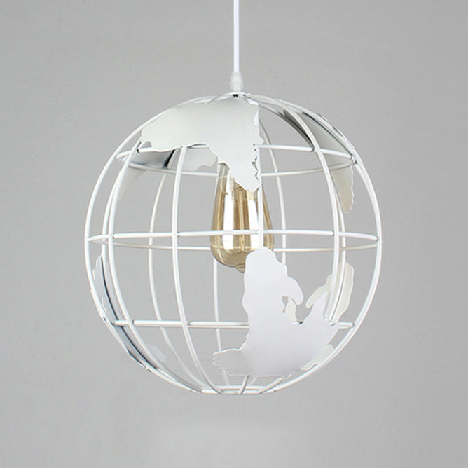 8"/12" Wide Globe Cage Metal Pendant Light Industrial 1 Light Living Room Hanging Lamp in Black/White/Pink